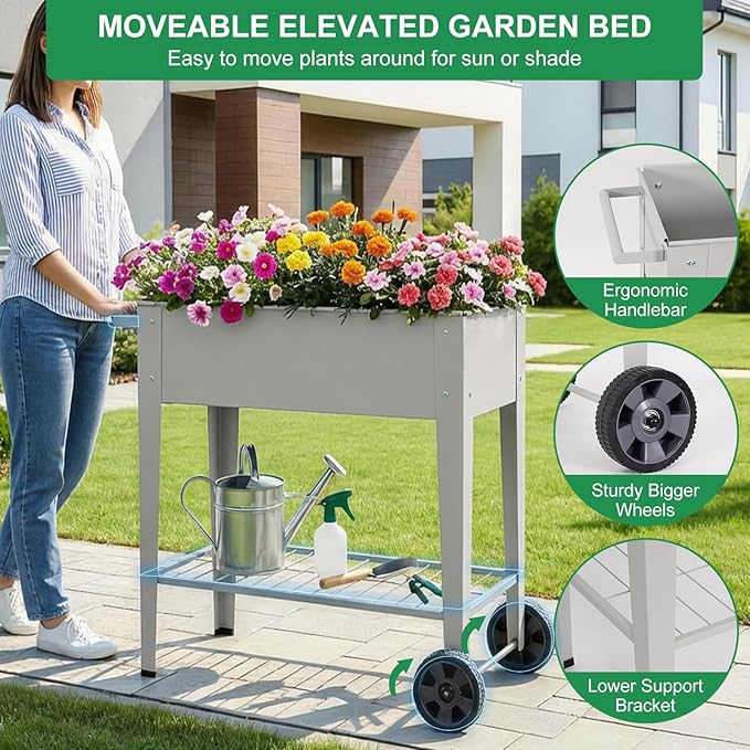 Elevated 32 Tall Raised Garden Bed with Legs and Wheels for Mobility Metal Planter Boxes Outdoor with Shelf Raised Bed for Gardening Vegetables/Herbs Backyard Patio Balcony Grey