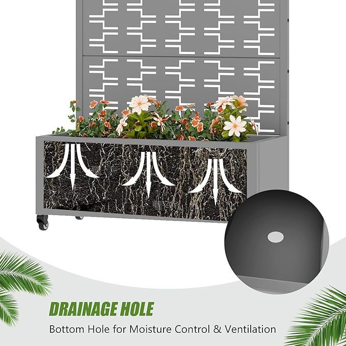 Casaphoria Metal Raised Garden Bed with Trellis and Wheels 72x35x16 Planter Box for Climbing Plants Vegetables &amp Vines Features Drainage Holes and Privacy Screen Grey-Brick
