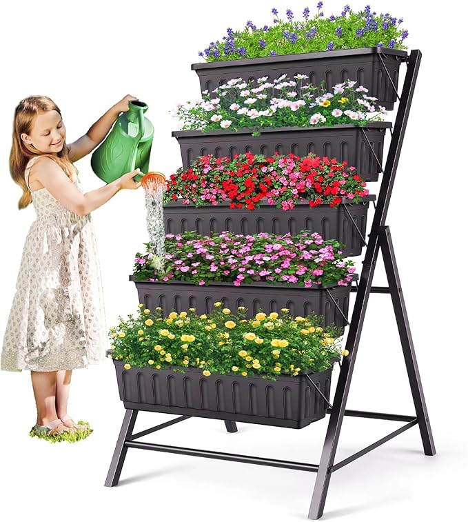 SEJOV 4FT Vertical Raised Garden Bed 5 Tiers Elevated Planter Box for Herbs Vegetables Flowers Graden Vertical Planter with Drainage System for Patio Balcony Garden Outdoor Indoor Plants (Black)