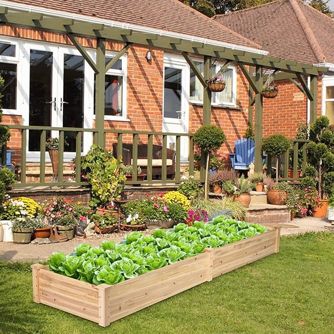 S AFSTAR Wooden Raised Garden Bed Divisible Planter Box Kit Outdoor Elevated Flower Planting Raised Bed Above Ground Planters or Vegetables Grass Lawn Yard Backyard Patio (97 L x 25 W x 10 H)
