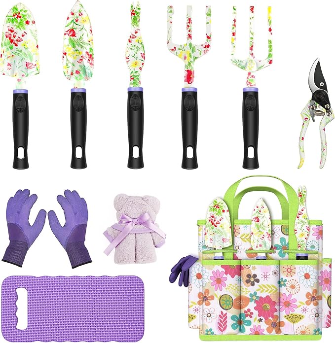 JUMPHIGH Gardening Tool Set 10 PCS Heavy Duty Aluminum Garden Kit Floral Gardening Gifts for Women Garden Hand Tools with Non-Slip Rubber Handle Kneeling Pad Garden Gloves and Storage Tote Bag