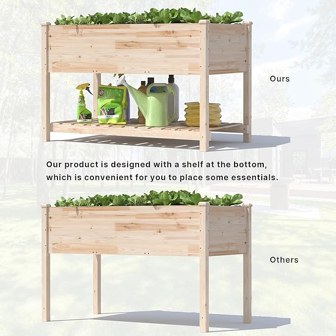 Gotland 2pcs Raised Garden Bed with Legs Raised Beds for Gardening with Storage Shelf Bed Liner Drainage Holes Wooden Planter Raised Beds Raised Planter Box Backyard Patio Balcony Natural