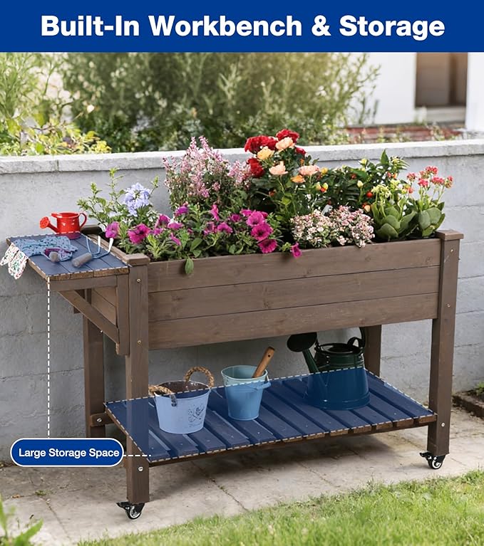 Raised Garden Bed Outdoor with Wheels 52.7 Elevated Wooden Garden Bed with 8 Planter Boxes Removable Dividers Storage Shelf Standing Mobile Planter with Non-Woven Liner
