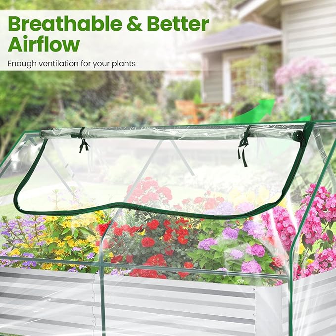 SEJOV 6x3x1ft Galvanized Raised Garden Bed with Cover &amp 2 Large Windows Mini Greenhouses for Outdoors Metal Planter Box Kit for Vegetables Flowers Herbs 1 Pair of Gloves Included Clear