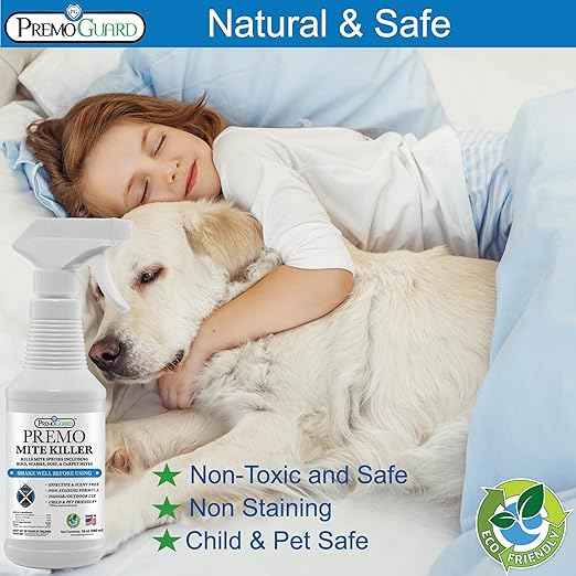 Premo Guard Natural Mite Spray – 16 oz Bottle – Plant Based Treatment for Dust Spider Carpet Bird Rat Mites – Safe for Families Pet Home Bedding &amp Furniture When Used As Directed