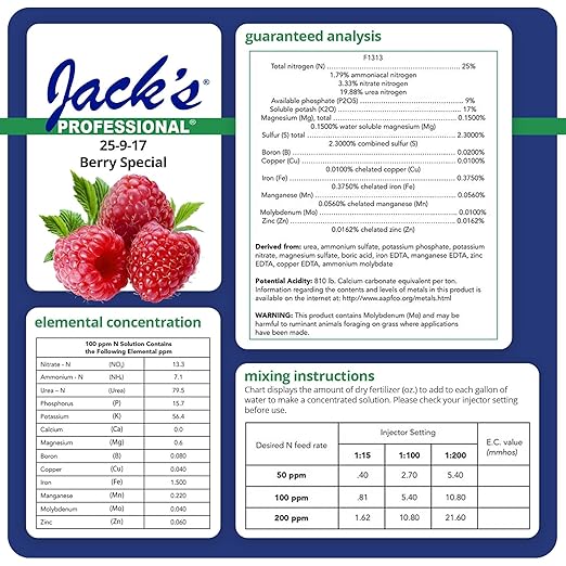 Jack's Professional 25-9-17 Berry Special Water-Soluble Fertilizer with Micronutrients for Blooming and Fruit Set in Plants Grown in Continuous Liquid Feed Programs 25lbs
