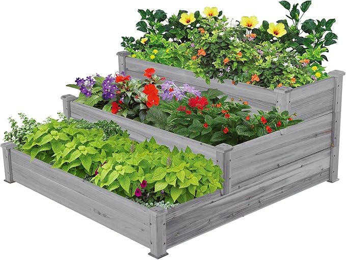 Yaheetech 3 Tier 47 x 47 x 22in Raised Garden Bed Horticulture Outdoor Elevated Flower Box Tiered Garden Bed Wooden Vegetables Growing Planter for Backyard/Patio/Gardener Gray