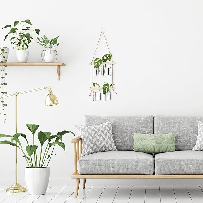 Relaxdays Plant Propagation Station Hanging Test Tube Vases with Wooden Shelf Hydroponics 3 Tier Natural/Clear