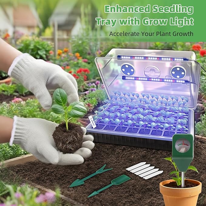120-Cell Self-Watering Seed Starter Tray with Grow Light 1–24H Timer Humidity Dome Soil pH Meter Gloves Seedling Tools – Indoor Seed Starting Kit for Plant Germination Herbs Vegetables Flowers