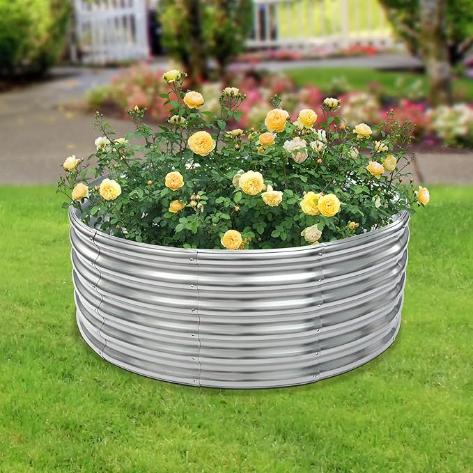 17 × 42 Inch Round Raised Garden Bed Outdoor Metal Flower Bed Patio Ground Planter Box Steel Patio Ground Planter (Silver)