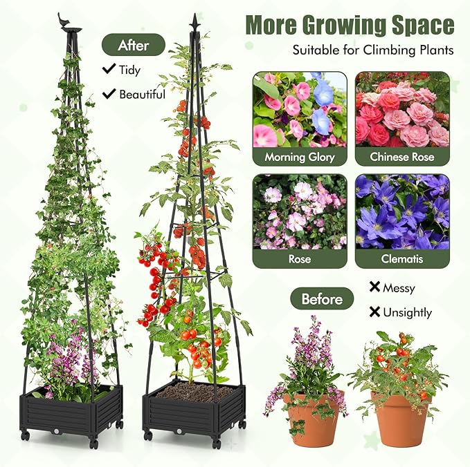Giantex Set of 2 Rolling Raised Garden Bed with Climbing Trellis Obelisk &amp Bird Top 11 Fasten Straps Gloves Planter Garden Boxes on Wheels Self-Watering System PE-Coated Metal Rack