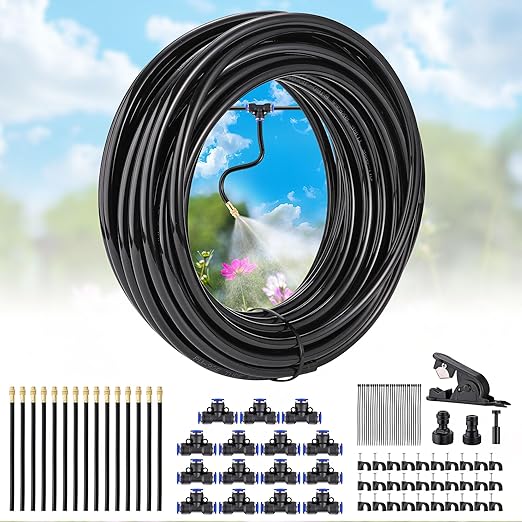 360° Adjustable Drip Irrigation System Garden Watering 5/16 Automatic Atomizing Sprinkler System with Hose Tubing Flexible Copper Nozzles Quick Connector Greenhouse Raisedbed Lawn (50ft + 15 Nozzles)