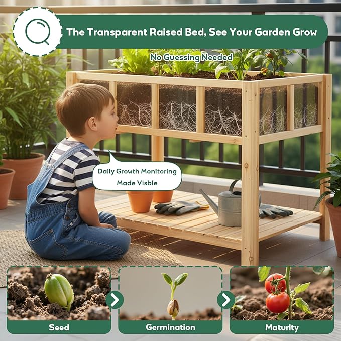 PetsCosset Raised Garden Bed with Legs Elevated Planter Box Stand with Storage Shelf &amp Observation Panels for Backyard Patio Balcony No Bending Design (Natural Wood)