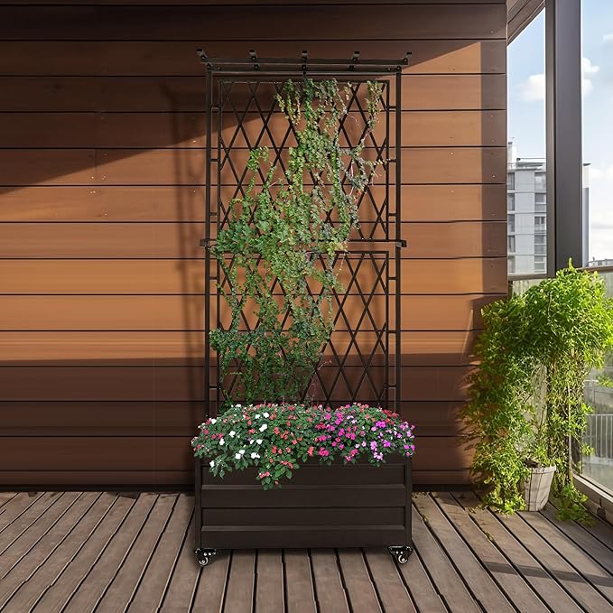 Metal Planter Box with Lattice Trellis and Wheels 70 inches Tall Heavy Duty Planter Box &amp Raised Garden Bed with Trellis for Climbing Plants Flowers with Drainage Holes 30Lx12Wx70H Inches