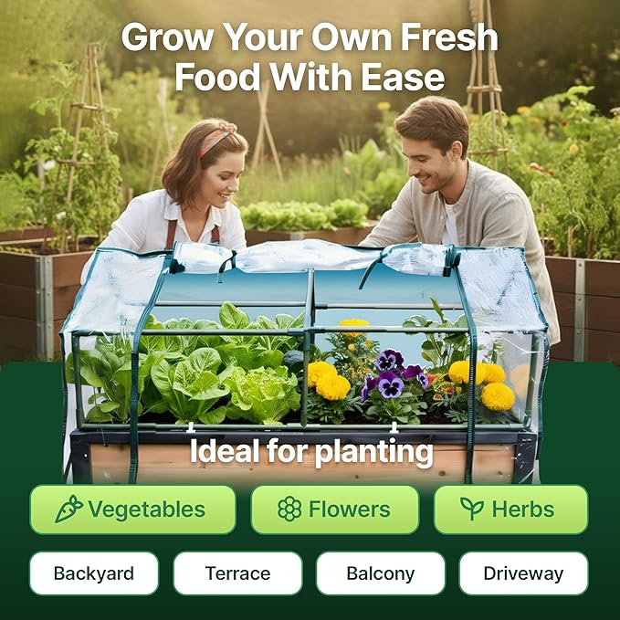 GOJ Raised Garden Bed Wood 48x24x32 inch with Greenhouse &amp Lockable Wheels - Elevated Wood Planter Box for Outdoors Vegetable Flower Bed Herb Planter - 400 lbs Capacity