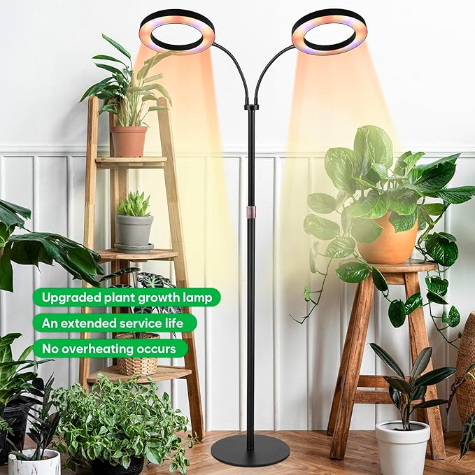 Dual-Head Grow Lights for Indoor Plants LED Full Spectrum Floor Plant Lamp with Timer 3/9/12H 10 Dimmable Levels Flexible Gooseneck Height Adjustable 23-67 for Large Houseplants