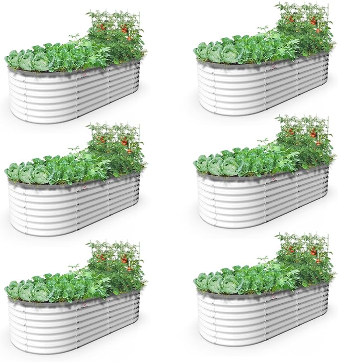 A ANLEOLIFE 6X3X2 ft Galvanized Raised Garden Beds Outdoor-6 Pack Oval Large Metal Deep Root Planter Box for Planting Vegetables Flowers Herb Anti-Rust &amp Easy-Setup Antique White