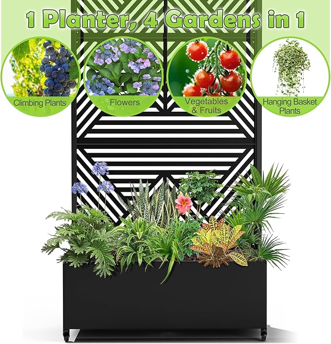 15.7×70.9×35.4 Metal Raised Garden Bed with Trellis and Wheels - Tall Trellis Planter Box for Climbing Plants Vegetables &amp Vines - Outdoor Privacy Planters for Patio (Black-Zodiac)