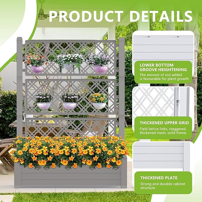 Raised Garden Bed with Trellis for Climbing Plants Outdoor Planter Box with Drainage Eco-Friendly Material for Patio Balcony Yard Dust-Resistant (Gray43.43 * 18.27 * 59.29)