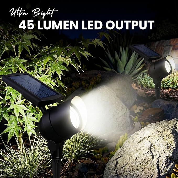 Energizer Solar-Powered Spot Light for House - 2 Pack 45 Lumen Die-Cast Aluminum IP65 Waterproof &amp Weatherproof LED Solar Lights for Outside Lighting with Cool White Light Uplights for Trees