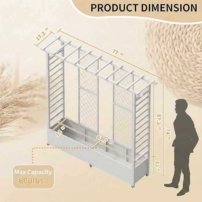 74 Mobile Planter with TrellisWeatherproof Vertical Raise Garden Bed with Trellis &amp Hanging Roof for Climbing PlantsFlowersVegetablesRust-Proof Metal Privacy Planter for Patio (White-B)