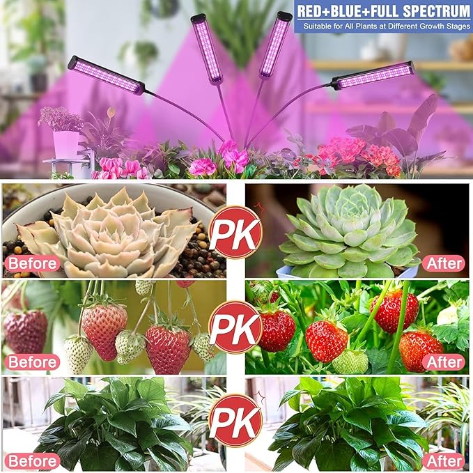 LED Grow Lights for Indoor Plants 432 LEDs Red Blue White Full Spectrum Plant Lights for Indoor Growing with 15-63 inches Adjustable Tripod Stand 4 Heads Grow Lamp with 4/8/12H Auto On/Off Timer