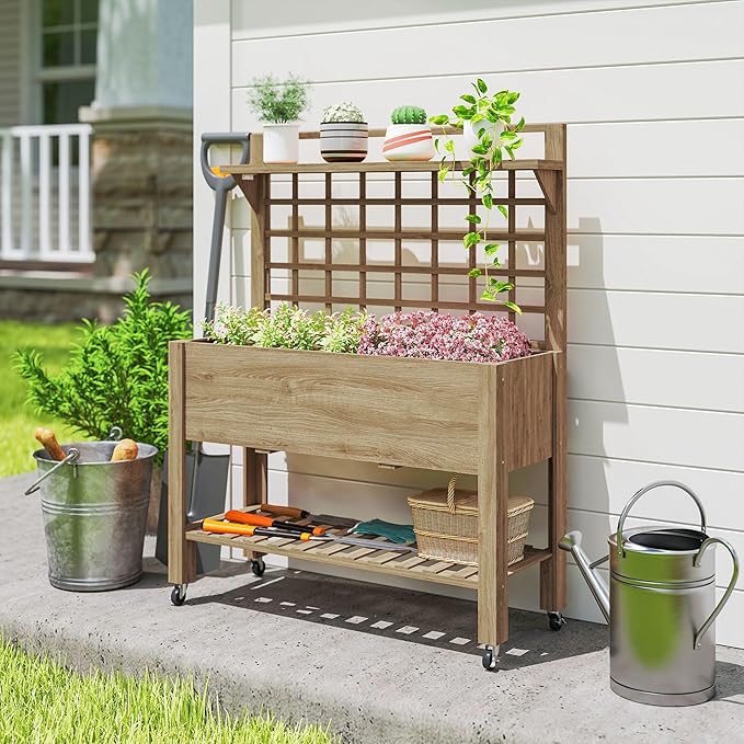 Outsunny 41 Raised Garden Bed with Trellis on Wheels Wooden Elevated Planter Box with Legs and Bed Liner for Flowers Herbs &amp Vegetables Dark Brown