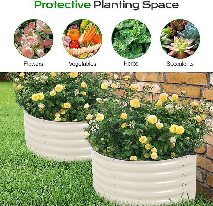 Aoodor 42 L x 24 W x 17 H Half Moon Galvanized Raised Garden Bed Durable Semi-Circular Outdoor Planter Boxes for Vegetables Flowers and Herbs Set of 2 Beige