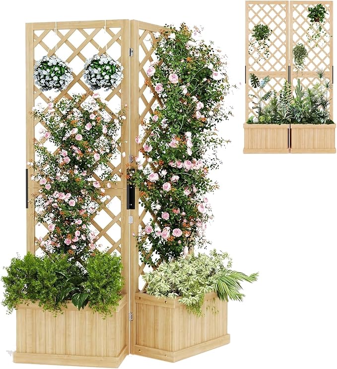 65IN Tall Wood Planter with Trellis 2 in 1 Freestanding Outdoor Wood Slanted Trellis and Raised Bed Wooden Privacy Screens Garden Beds for Climbing Plants