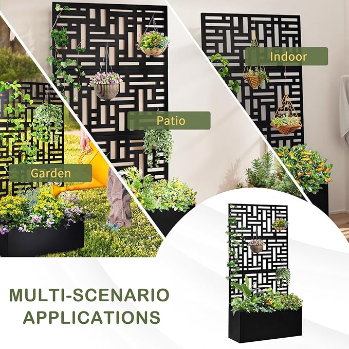 Metal Planter Box with Trellis70 Outdoor Raised Garden BedPrivacy Planters for Patio GardenPlanter Box with Drainage Holes for Climbing Plants (Black)