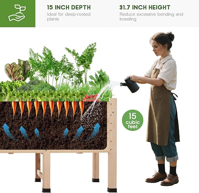 AMERLIFE 7x2 Ft Raised Garden Bed 16 Inch Depth Featuring Legs Drainage Holes Ideal for Deep Rooted Vegetables Flowers Herbs Elevated Wood Planter Box for Balcony Patio Backyard Easy Assembly