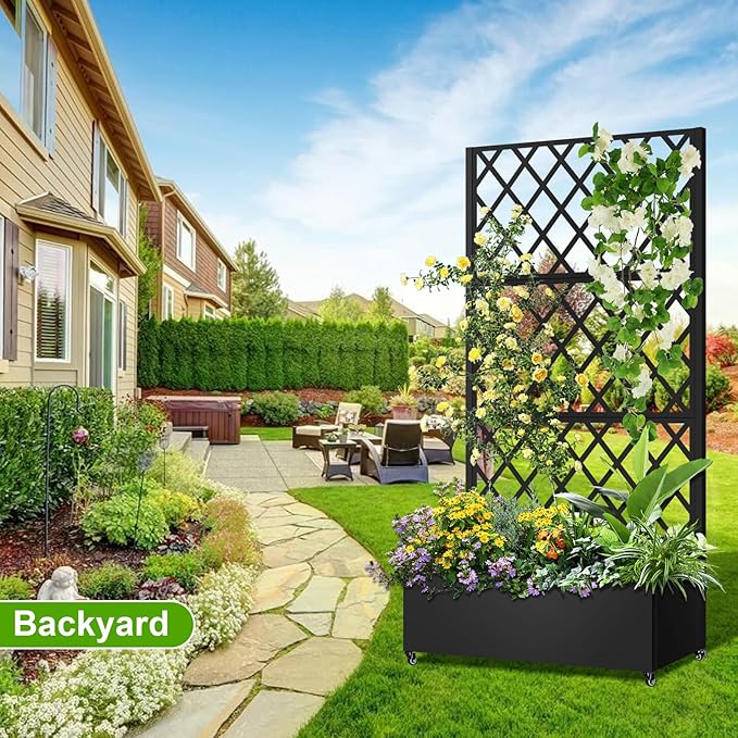 Metal Planter Box with Trellis 72x35x16 Metal Raised Garden Bed with Trellis Trellis Planter Box with Drainage Holes &amp Lockable Casters for Climbing Plants Vegetables and Vines