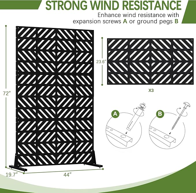 Cofar Metal Privacy Screen Outdoor 72 H×44 W -Black Freestanding Outdoor Privacy Panels with Stand Decorative Fence for Patio Deck Balcony（Striped）
