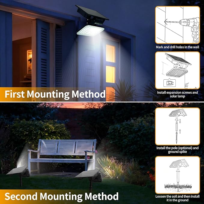 Solar Spot Lights Outdoor Waterproof Motion Sensor Dusk to Dawn Solar Powered Spotlights Uplights with 90° Adjustable Solar Panel &amp Light Head for Wall Yard Trees Pathway Landscape Lighting