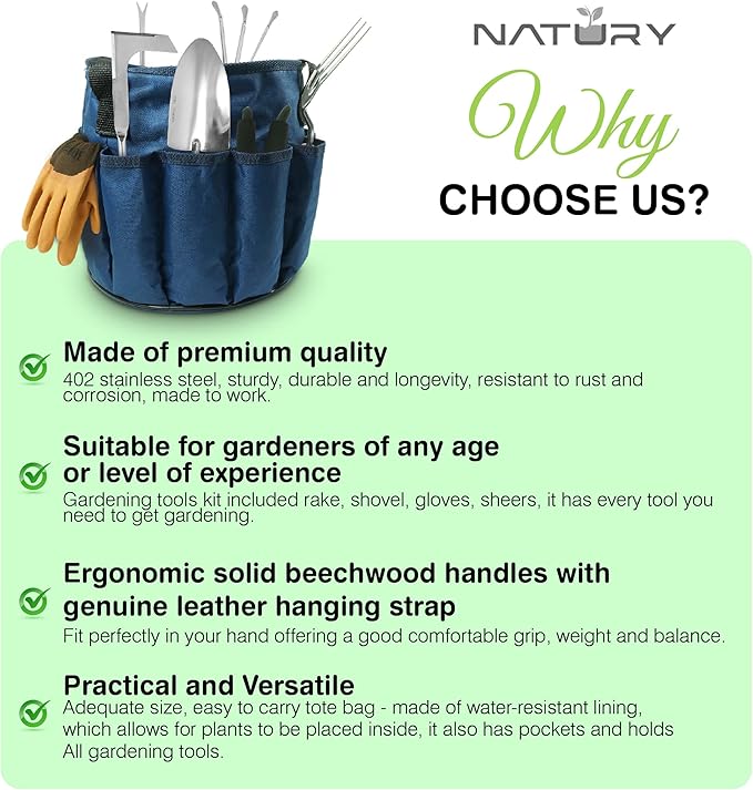 Garden Tools Set – Premium Stainless Steel Gardening Hand Tools with Solid Beechwood Handle – Gardening Kit with Rake Shovel Gloves Shears Tool Organizer – Garden Gifts for Women and Men