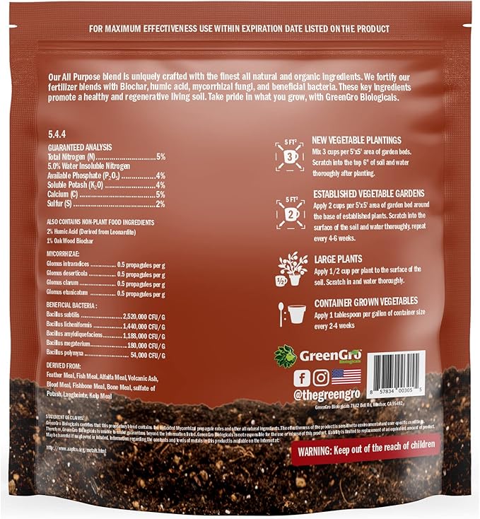 GreenGro All Purpose Organic Fertilizer - Outdoor &amp Indoor Plant Food/Great for Vegetable Gardens &amp Houseplants/Advanced Nutrients Derived from Fish Meal &amp Bone Meal/Biochar &amp Humic Ac