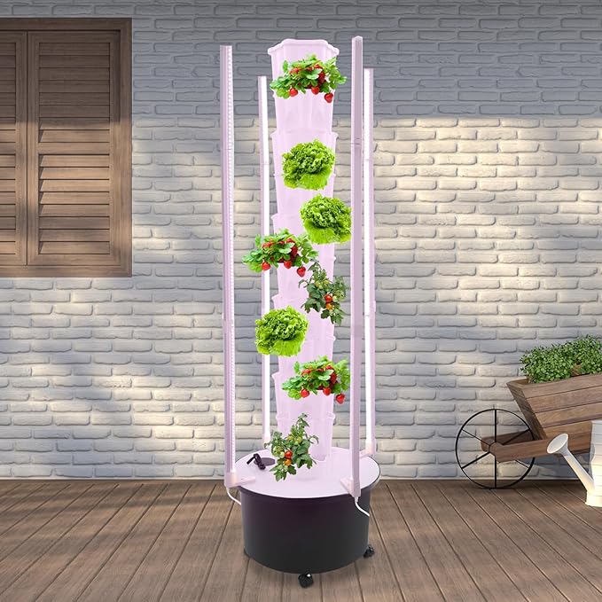 Vertical Hydroponics Growing Kit Modular Hydroponic Tower with Water Pump &amp Timer Function Mobile Hydroponic Growing Kit for Leafy Vegetables Strawberries &amp Chilies (White+Black 8Layer-48 P