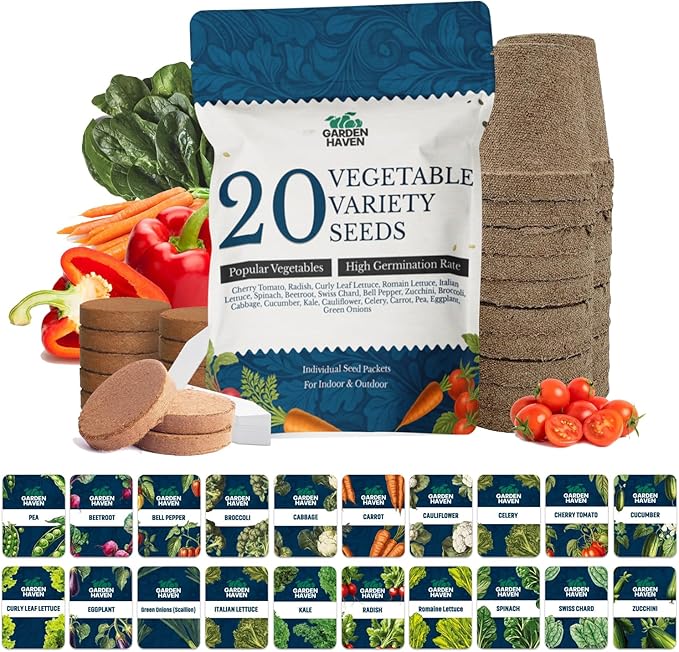 20 Vegetable Seeds Variety Pack - Complete Grow Kit Heirloom Vegetables Indoor Outdoors Vegetable Seeds Tomatos Broccoli Carrots Lettuce &amp More - DIY Starter Kit (Complete Starter Kit (w/Seeds