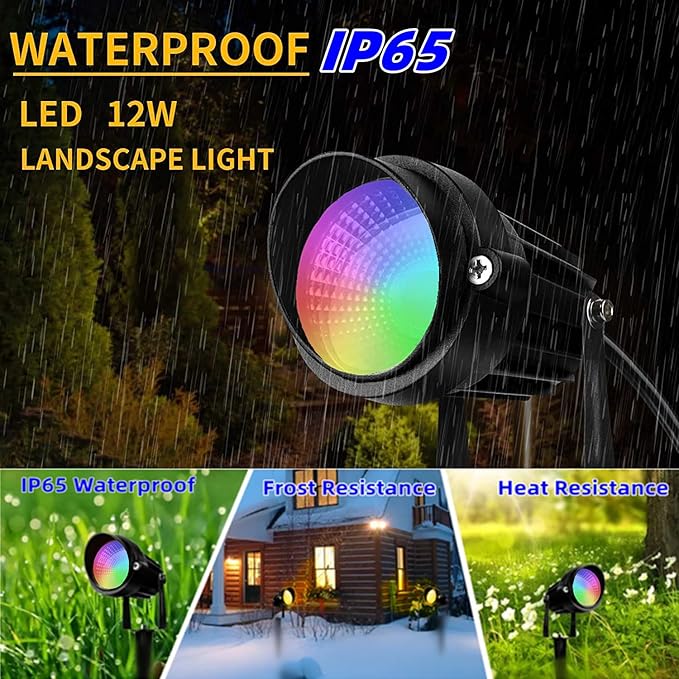 Christmas RGB Spot Lights Outdoor Spotlights with Timer 12W Metal Case IP65 Waterproof Color Changing Landscape Lights with Spike Stand for Garden Lawn House Tree (4 Lights)
