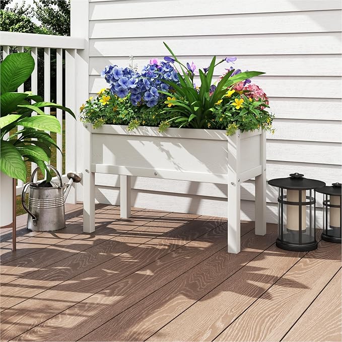 Small HDPE Raised Garden Bed Elevated Planter Box with Legs Outdoor All-Weather Planter Raised Beds for Seeds Herbs Flowers Vegetables (White)