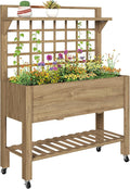 Outsunny 41 Raised Garden Bed with Trellis on Wheels Wooden Elevated Planter Box with Legs and Bed Liner for Flowers Herbs &amp Vegetables Dark Brown