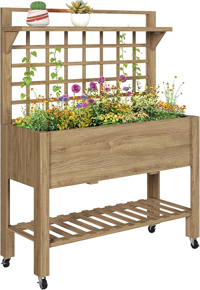 Outsunny 41 Raised Garden Bed with Trellis on Wheels Wooden Elevated Planter Box with Legs and Bed Liner for Flowers Herbs &amp Vegetables Dark Brown