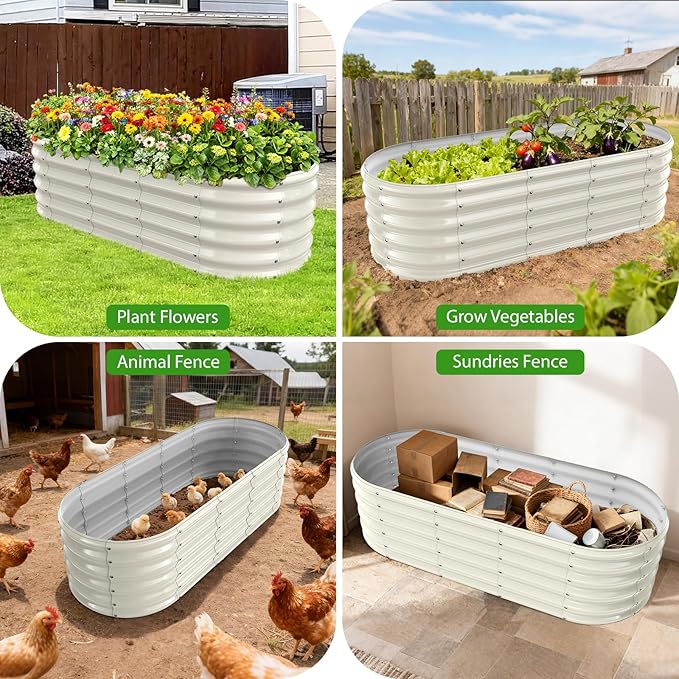 17 Tall Outdoor Garden Raised Garden Bed Kits 5ft X 2ft Oval0.8MM Thick Metal Raised Planter Bed/Ground Planter Box for Variety of FlowersHerbsVegetables (Cream White 60X24X16.5 Inches)