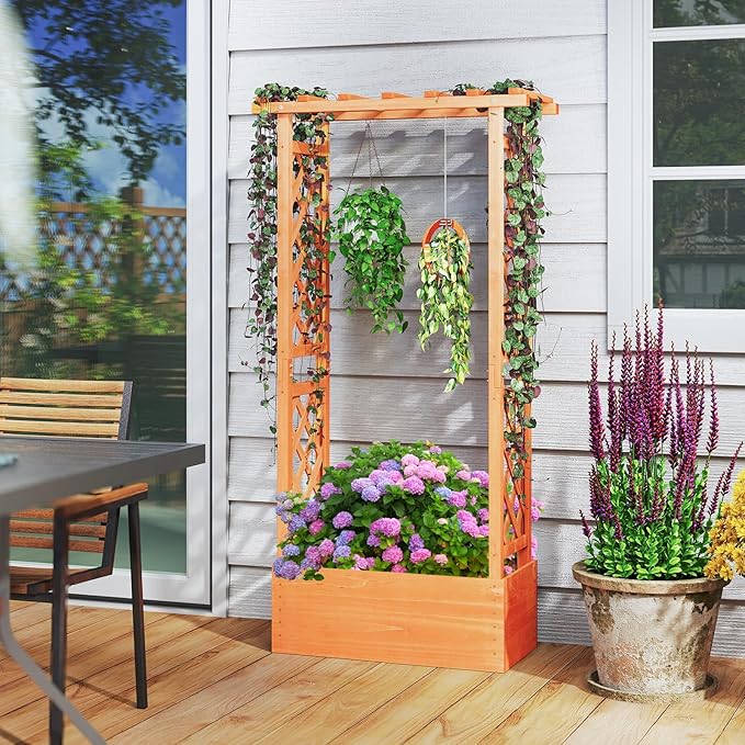 S AFSTAR Raised Garden Bed with Trellis Wood Planter Box with Hanging Roof &amp Drainage Holes for Climbing Plants Vines Flowers &amp Vegetables Indoor Outdoor Plant Container for Patio &amp Ya