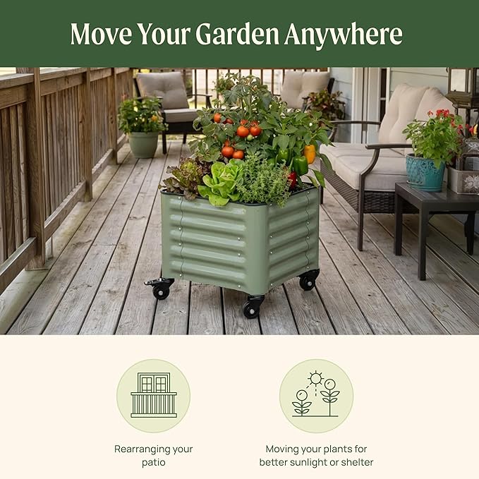 Vego garden Classic Rolling Garden Bed – 1.75' Mobile Metal Raised Garden Bed for Patio Deck Balcony – Deep Planting Space Durable &amp Easy to Move (Olive Green 1.75'X8')