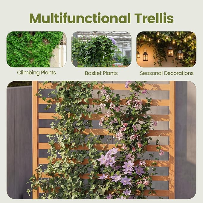 BECOMFORT 59”H Raised Garden Bed with Trellis Tall Fir Wood Planter Box with Liner &amp Drainage Gaps for Climbing Plants Vegetables &amp Flowers Outdoor Privacy Planters for Patio Balcony Yard