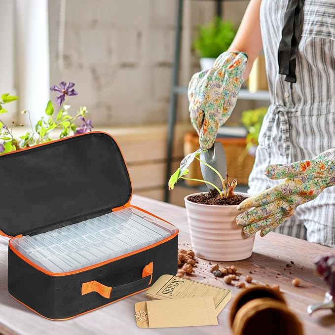FACULX 15 Slots Seed Storage Box with 20 Seed Envelopes Large Capacity Seeds Organizer Container with Zipper Bag Label Stickers Seeds Saving Container for Garden Vegetable and Flower (Orange)