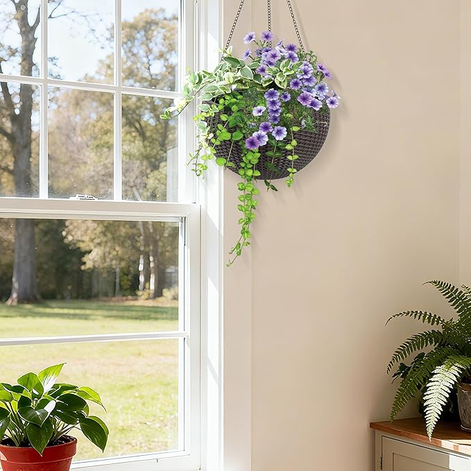 13.4 inch Self Watering Hanging Rattan Planter Large Capacity Root Rot Resistant Water Storage with Water Level Indicator Dual Use for Indoor Balcony Decoration (Pack of 2 Brown)