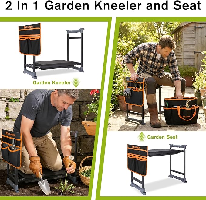 Garden Kneeler and Seat with Umbrella 2-in-1 Foldable Gardening Stool with Adjustable Bracket Detachable Tool Bags Heavy Duty Kneeling Pad for Gardening (Black Orange)