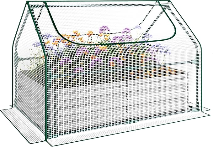 Miory Raised Garden Bed with Cover 3.9x2.5x1ft Galvanized Steel Planter with Mini Greenhouse Cover Dual Zippered Screen Windows Open Base for Vegetable Gardening